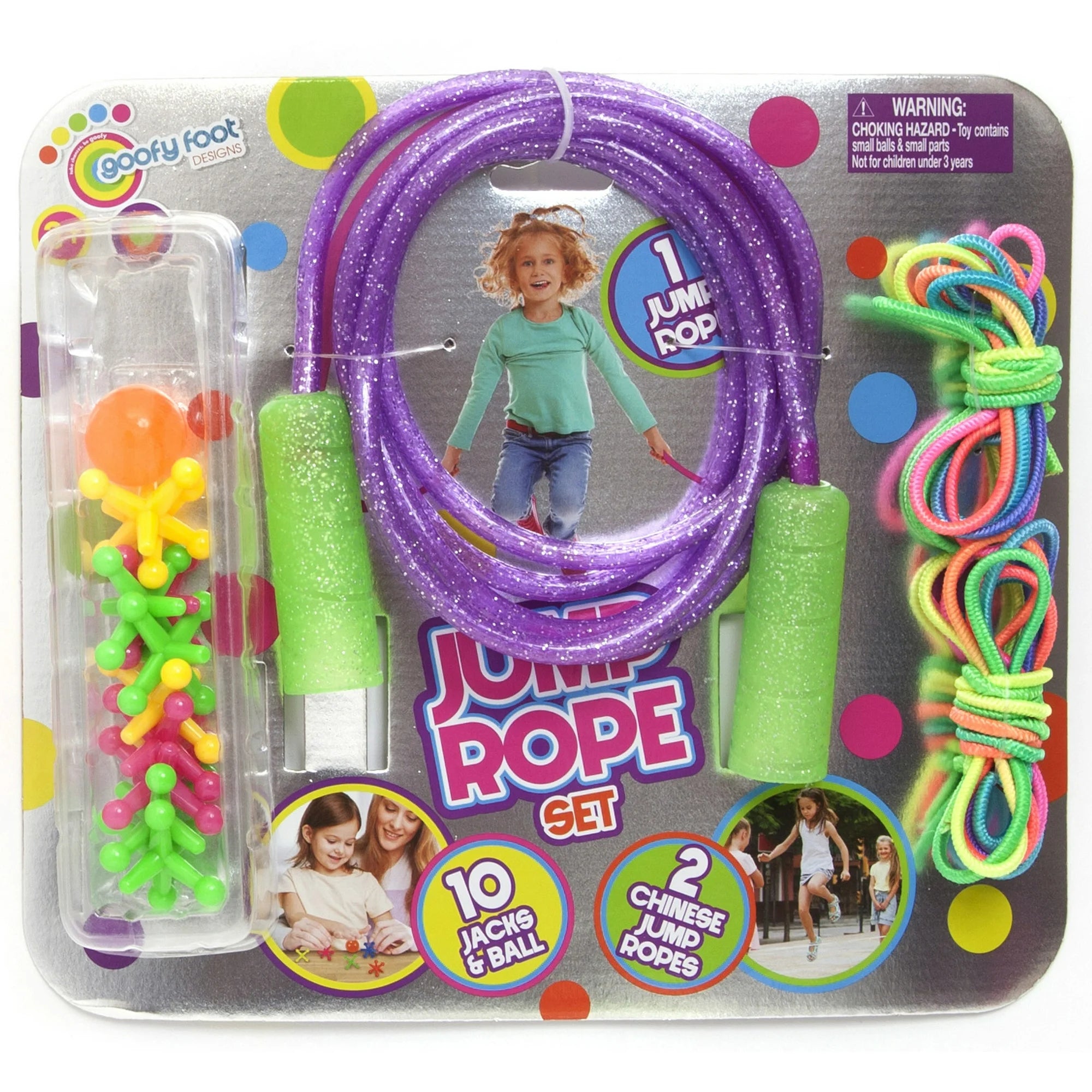 Goofy Foot Designs Jump Rope - Includes 7 Foot Glitter Infused Jump Rope, 10 Jacks & Ball, 2 Chinese Jump Ropes - Provides House of Active Fun for both Indoors & Outdoors!  |  WTWL1026XA