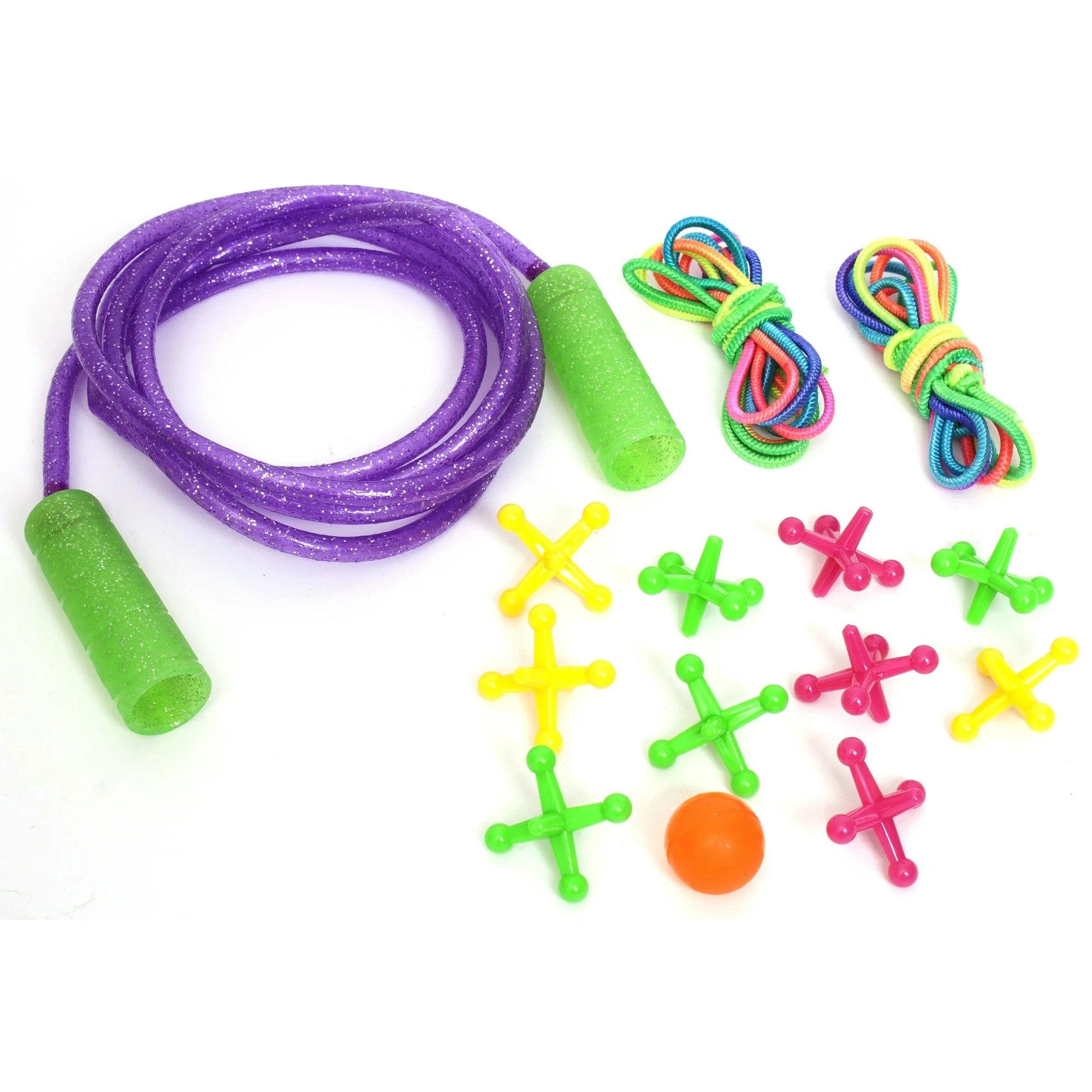 Goofy Foot Designs Jump Rope - Includes 7 Foot Glitter Infused Jump Rope, 10 Jacks & Ball, 2 Chinese Jump Ropes - Provides House of Active Fun for both Indoors & Outdoors!  |  WTWL1026XA