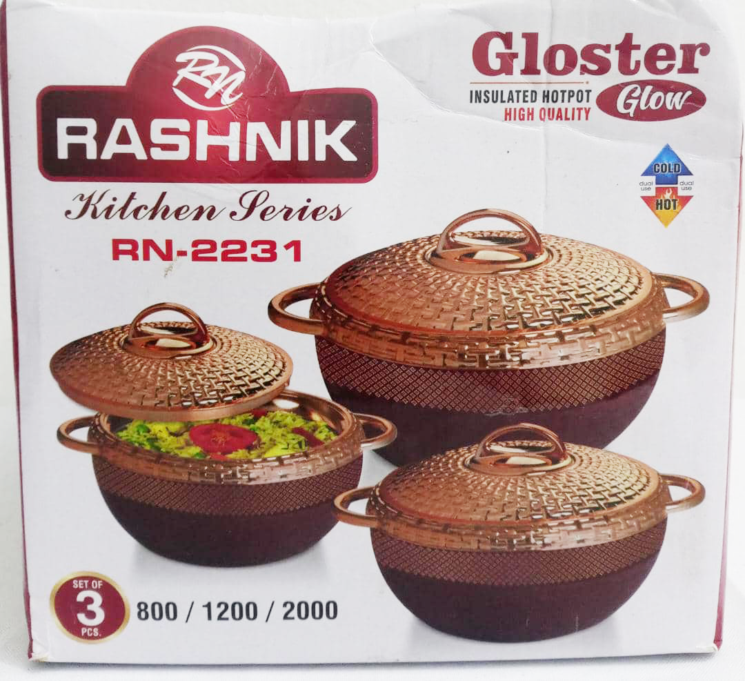 Set of 3in1 Rashnik Gloster Glow Insulated Hot Pot (Pack of 3 Casseroles - 800ML, 1200ML, 2000ML) | AHB4a