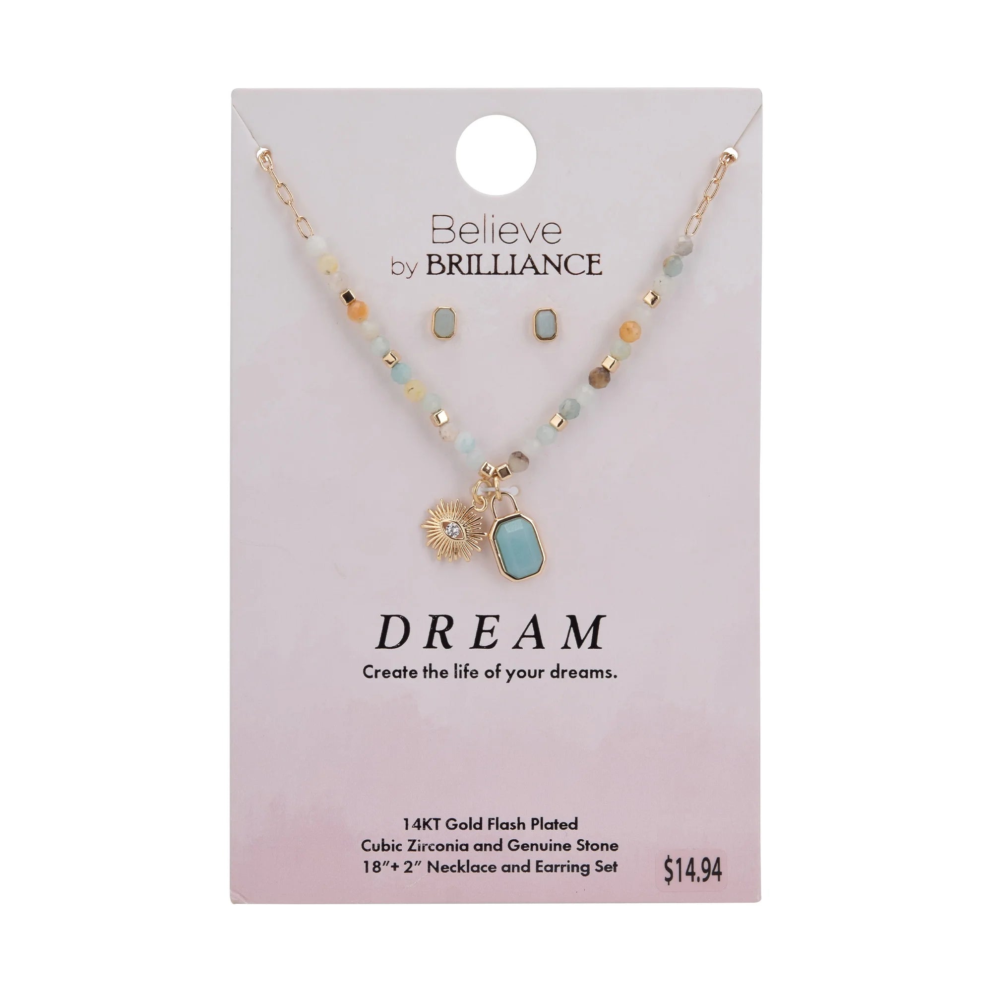 Believe by Brilliance Women's Adult Female 14kt Gold Flash Plated Star Burst CZ and Genuine Stone Necklace and Earring Set | WTWL677XA