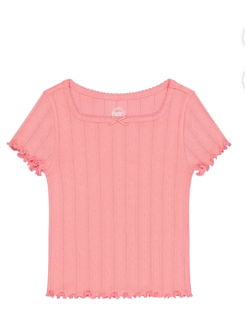 Wonder Nation Girls Short Sleeve Pointelle Trim Shirt | WTWL1012XB