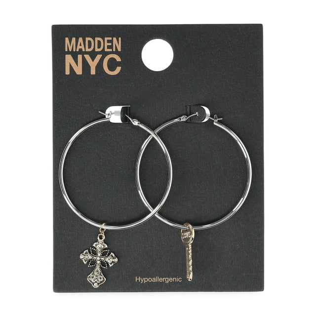 Madden NYC Women's Fashion Two Tone Cross and Key Charm Hoop Earrings | WTWL627XA