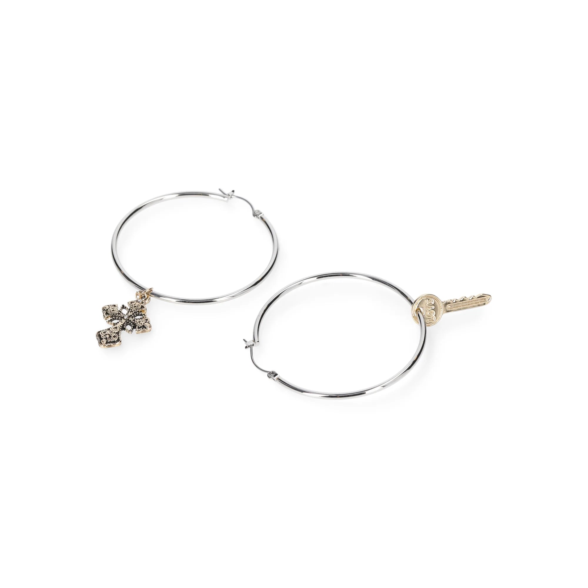 Madden NYC Women's Fashion Two Tone Cross and Key Charm Hoop Earrings | WTWL627XA