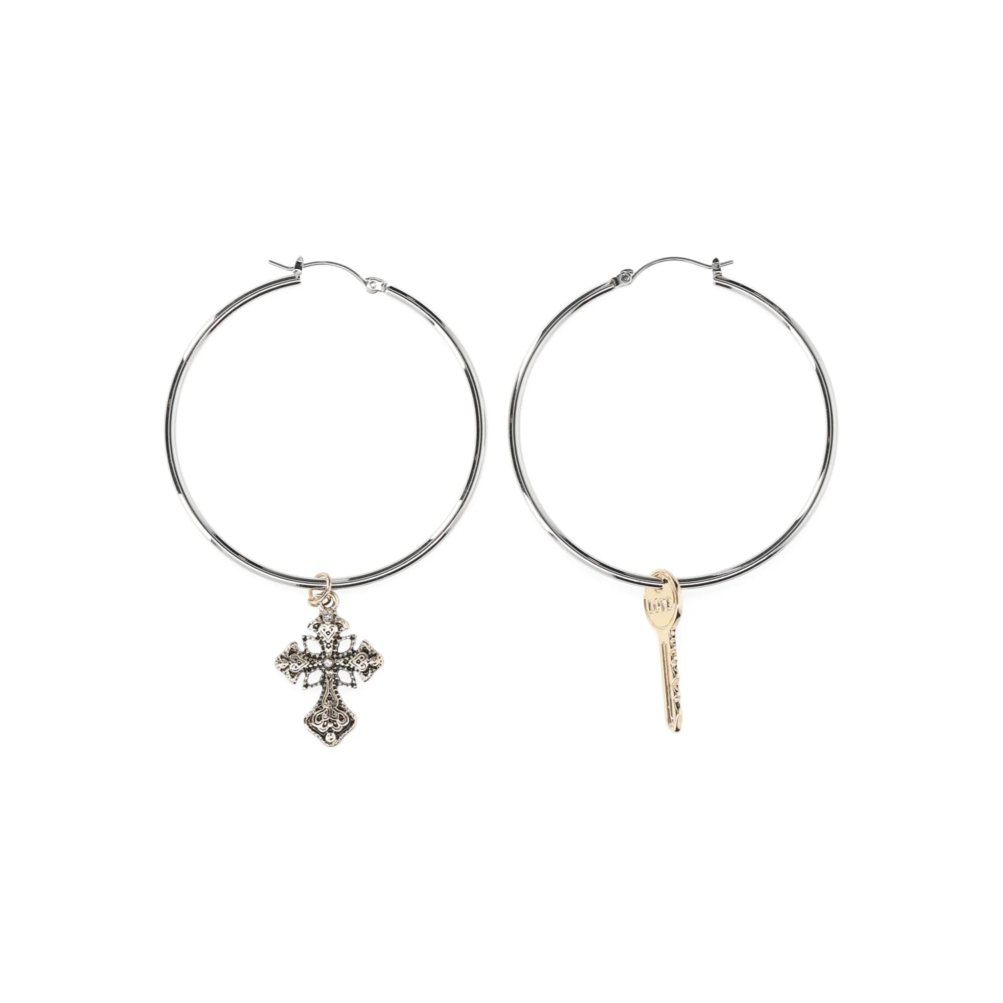 Madden NYC Women's Fashion Two Tone Cross and Key Charm Hoop Earrings | WTWL627XA