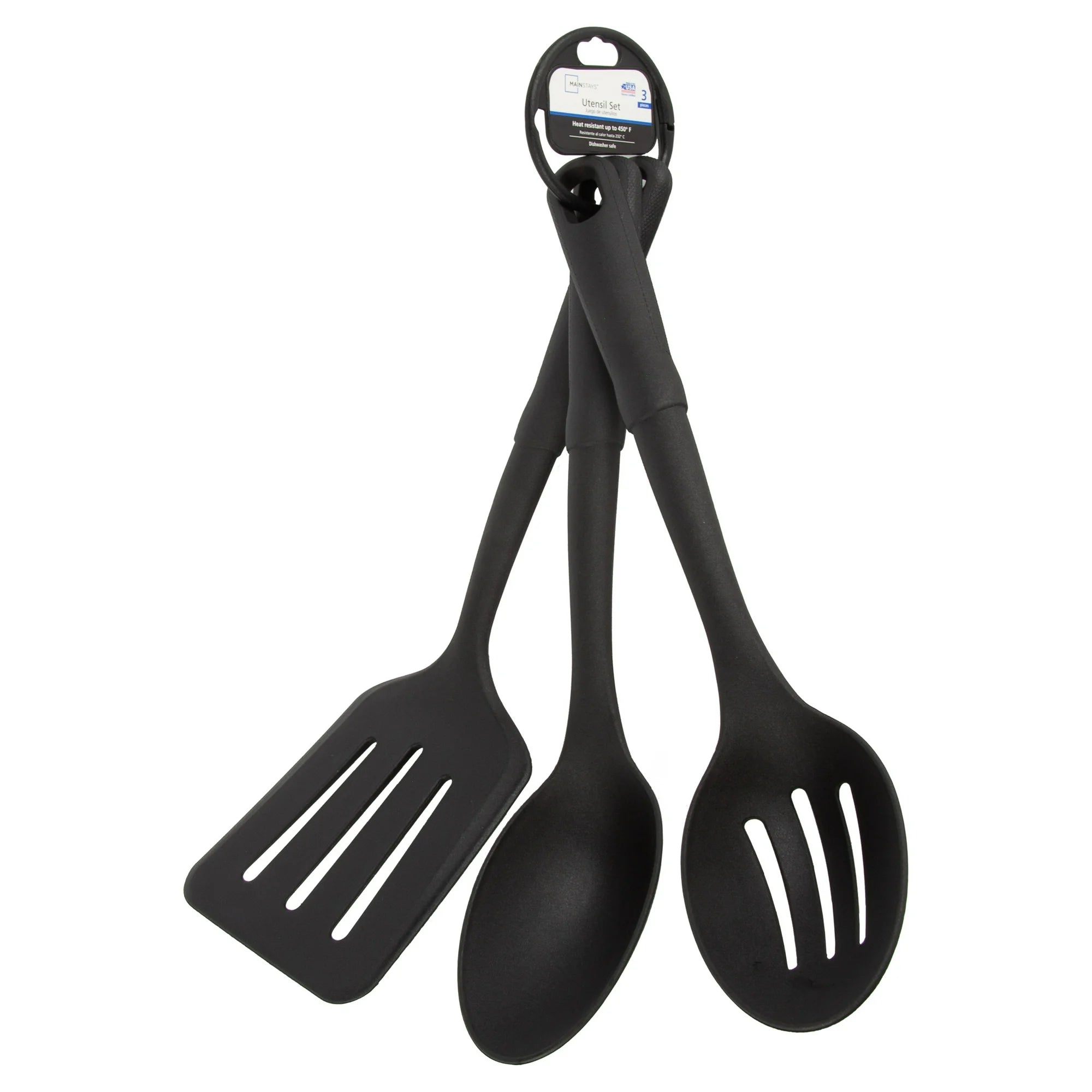 Durable 3-Piece Kitchen Utensil Set, Slotted Spatula, Slotted Spoon and Solid Spoon, Black, Nylon |  WTWL431XA