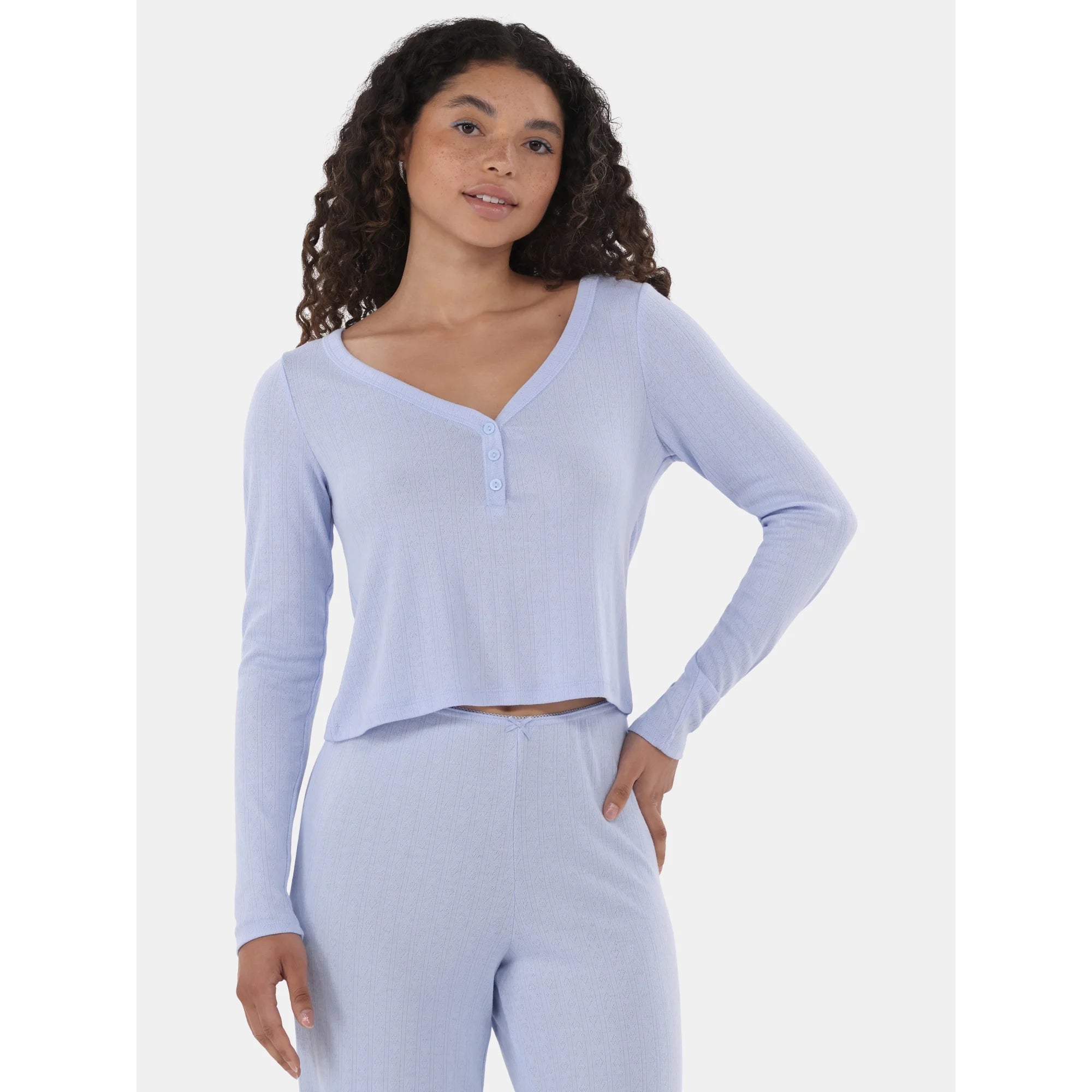 No Boundaries Pointelle Henley Sleep Top, Women’s | WTWL717XA