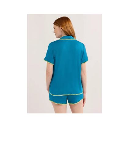 Joyspun Women’s Short Sleeve Notch Top and Shorts Pajama Set with Blanket Stitching, Sizes XS-3X | WTWL598XA