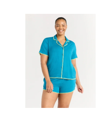 Joyspun Women’s Short Sleeve Notch Top and Shorts Pajama Set with Blanket Stitching, Sizes XS-3X | WTWL598XA