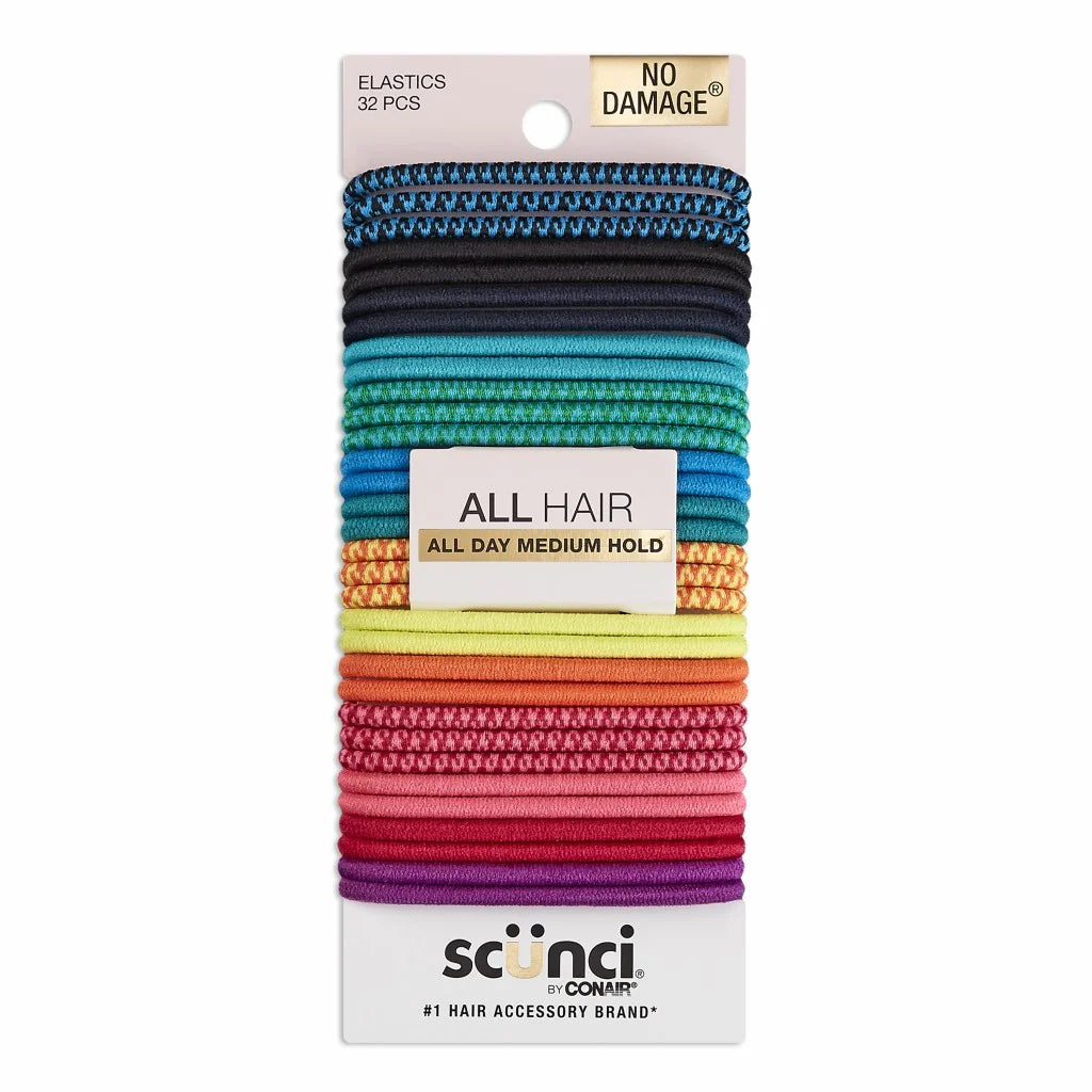 Scunci No Damage Elastic Nylon Ponytail Holder Hair Ties, Multi-Color Solids and Patterns, 32 Ct |  WTWL429XA