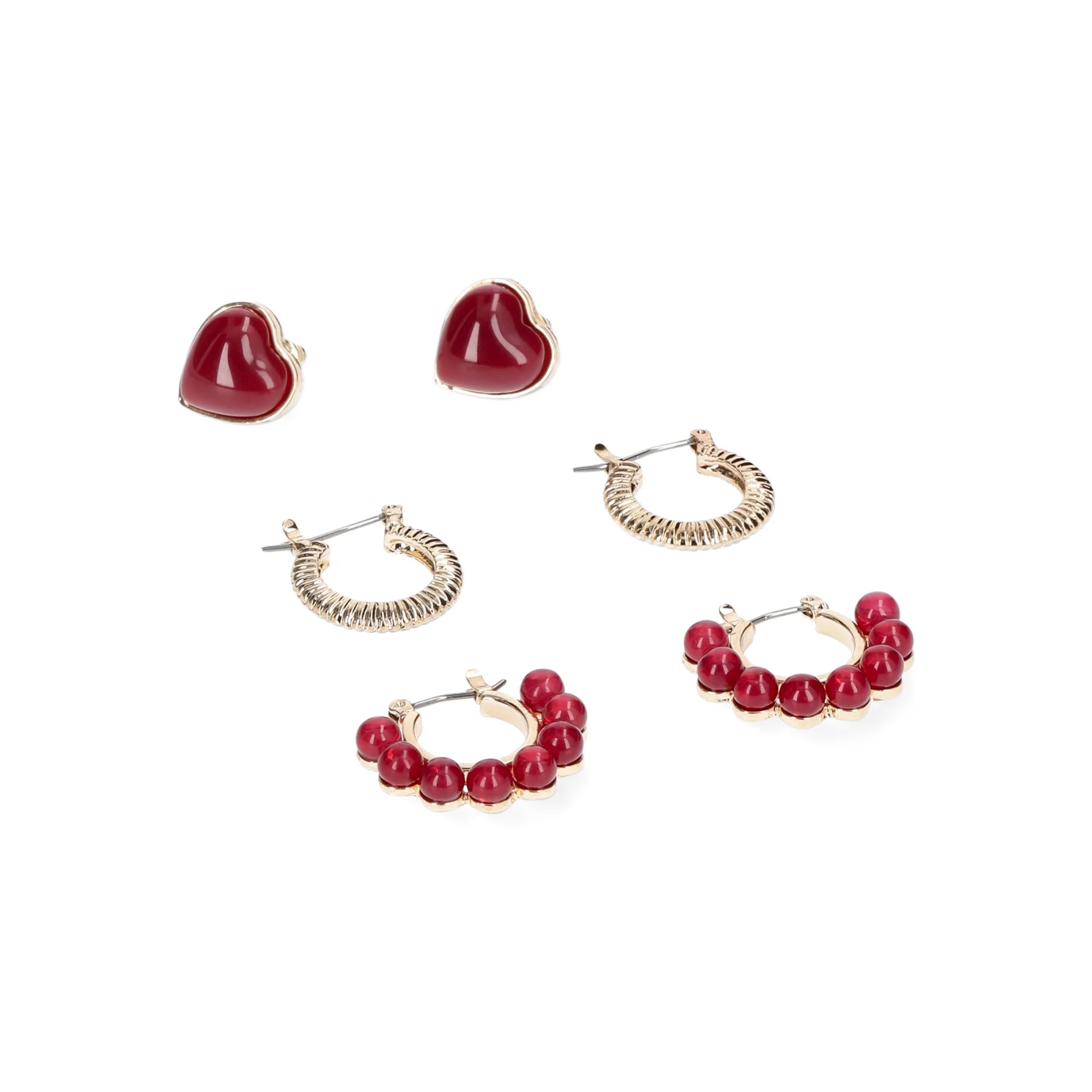 Time and Tru Women's Trio Heart and Hoop Earring Set, 3 Pair, Wine Heart Shaped Stud, Gold Metal Hoop, Wine Scalloped Edge Hoop    |    WTWL273XA