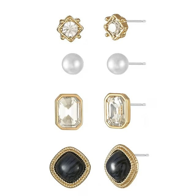 Time and Tru Classic Goldtone Stud Collection, Black, Crystal and Pearl, Female, 4 Pairs of Earrings  |  WTWL281XA