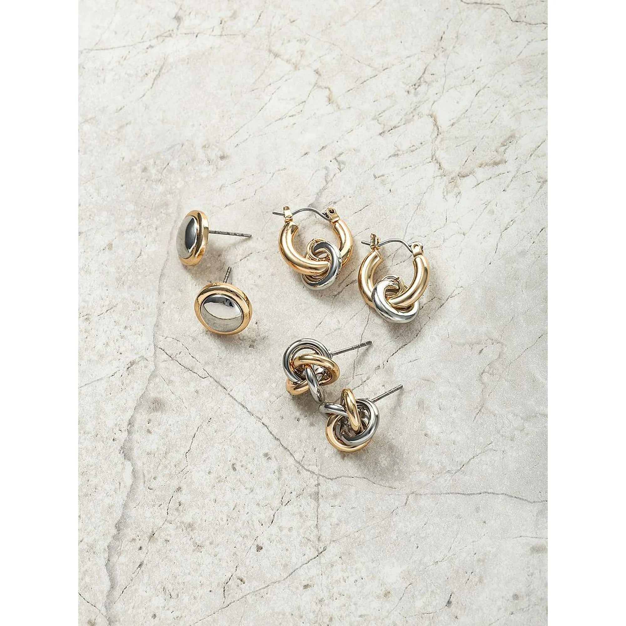 Time and Tru Mixed Metal Earring Collection, Silver and Goldtone Metal, Studs and Hoop, Female, 3 Pairs of Earrings |  WTWL227XA