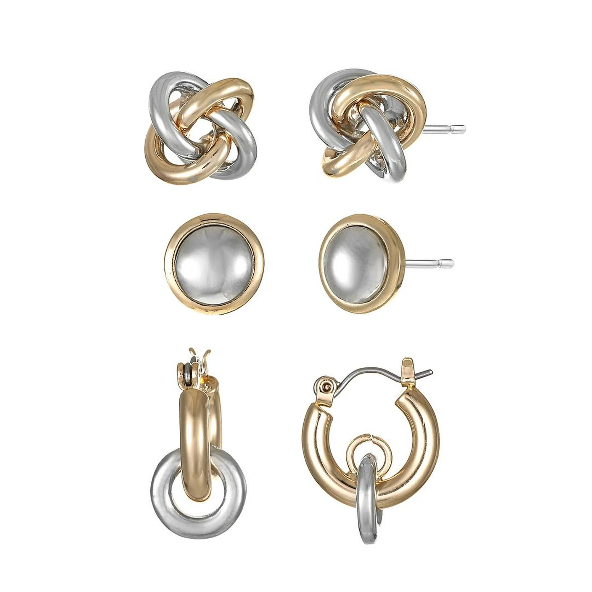 Time and Tru Mixed Metal Earring Collection, Silver and Goldtone Metal, Studs and Hoop, Female, 3 Pairs of Earrings |  WTWL227XA