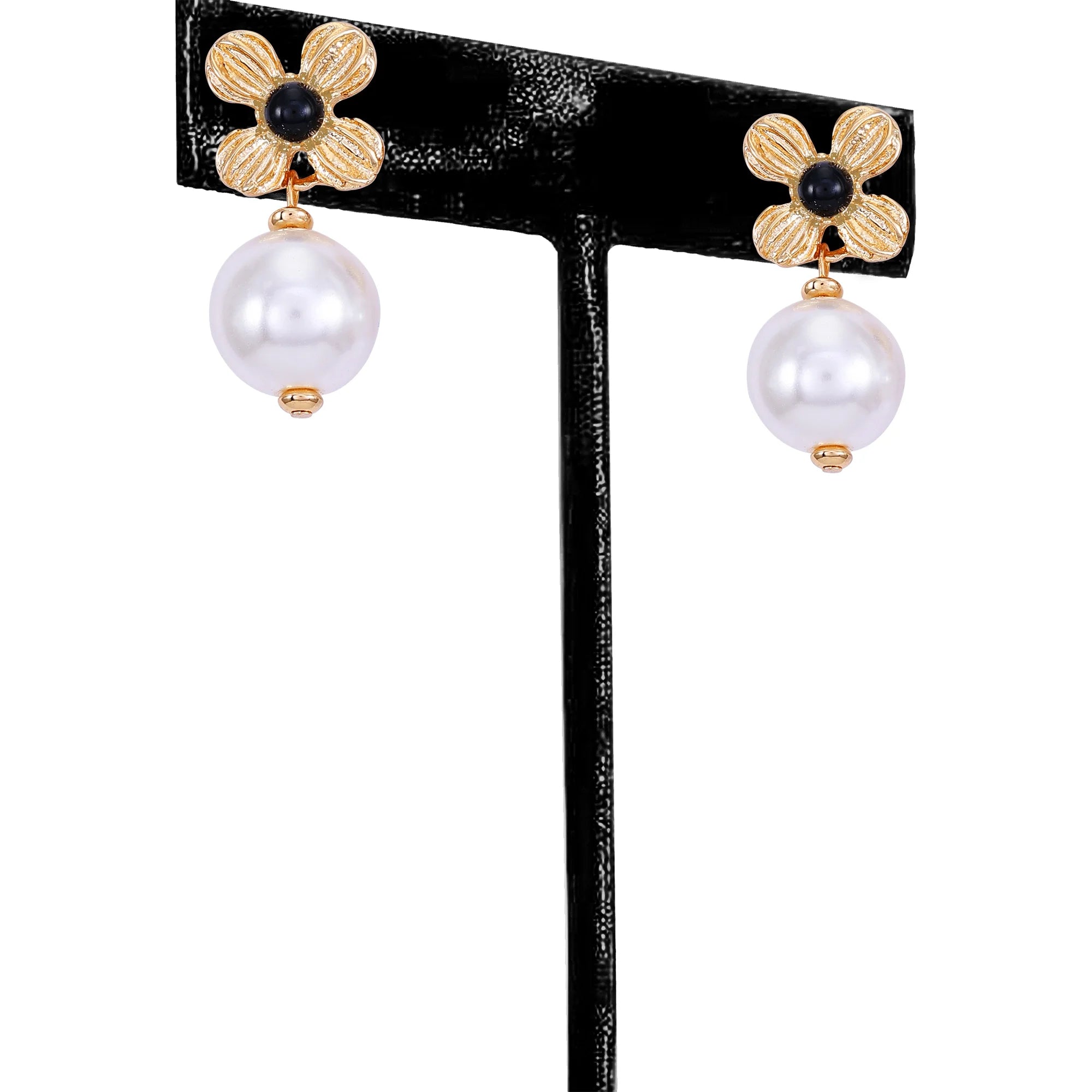 Time and Tru Women's Delicate Small Art Deco Gold Tone Flower Post Earring with Acrylic Pearl Drop |  WTWL253XA