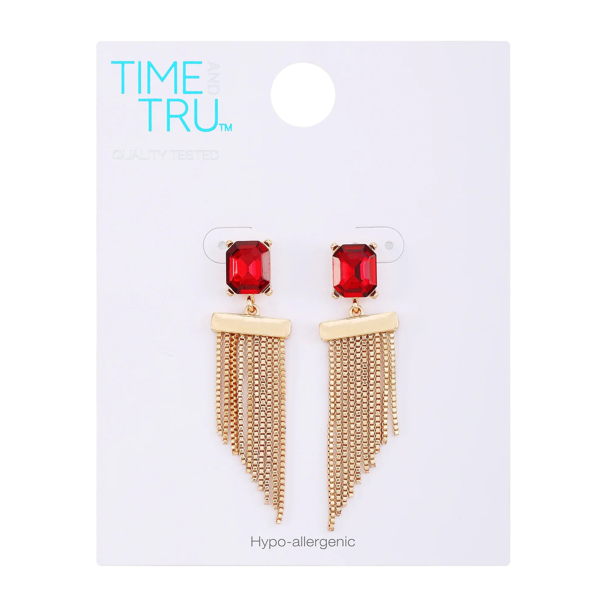 Time and Tru Women's Gold Tone Statement Earring with Garnet Rectangle Stone Post and Fringe Drop |  WTWL257XA