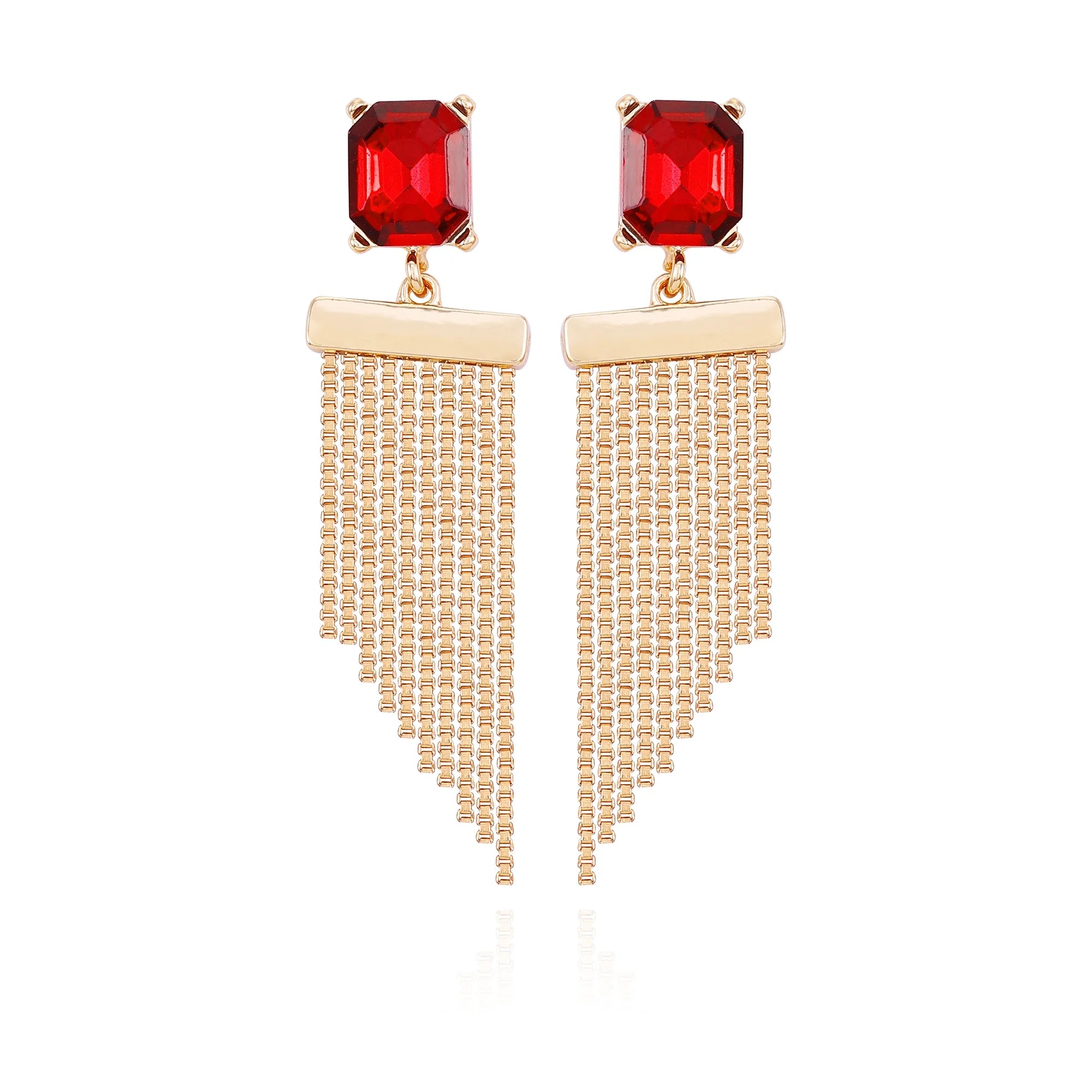 Time and Tru Women's Gold Tone Statement Earring with Garnet Rectangle Stone Post and Fringe Drop |  WTWL257XA