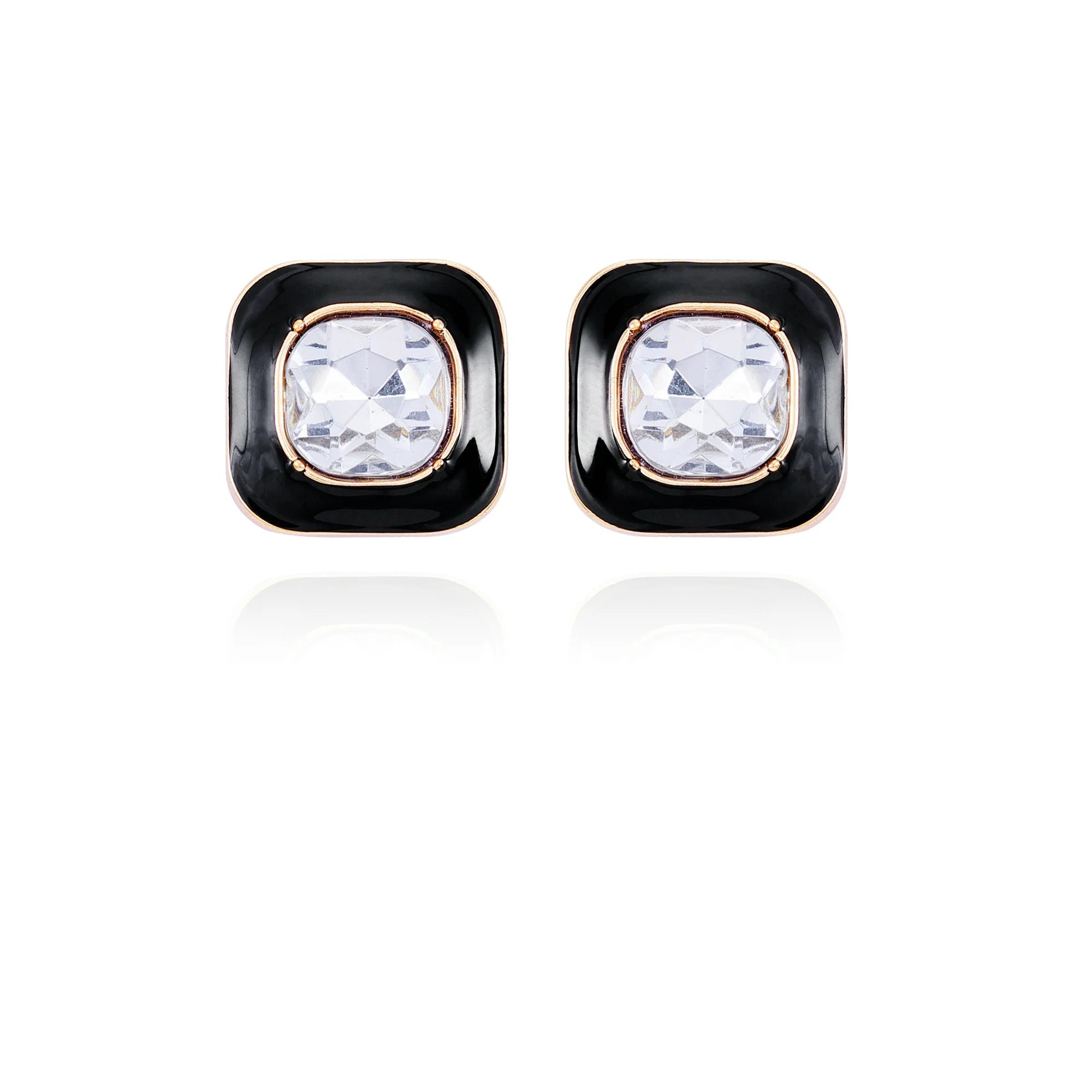 Time and Tru Women's Gold Tone and Jet Rounded Square Button Earring with Crystal Center Stone  |  WTWL623XA