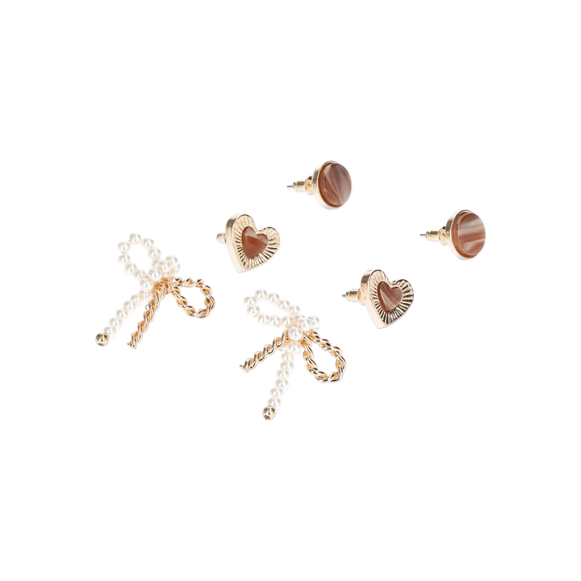 Time and Tru Women's Trio Heart and Bow Earring Set, 3 Pair, Brown Stone Circle Stud, Heart textured Stud, Pearl and Gold Metal Bow Stud |  WTWL274XA