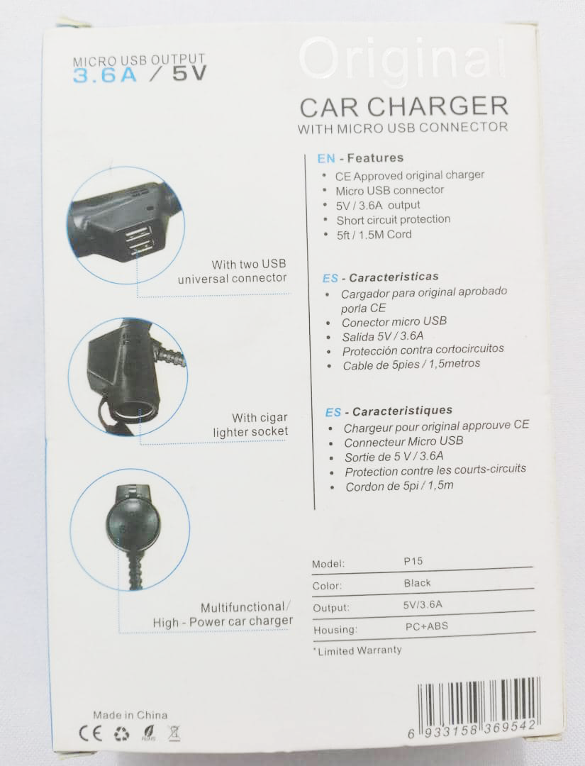 Micro USB Original Car charger 3.6A/5V | VTM18a