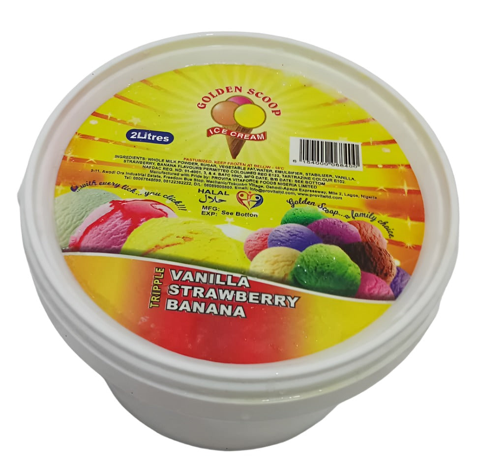 Golden Scoop Ice Cream, Vanila/Strawberry/Banana (2Litres
 Tripple) | PVT35a