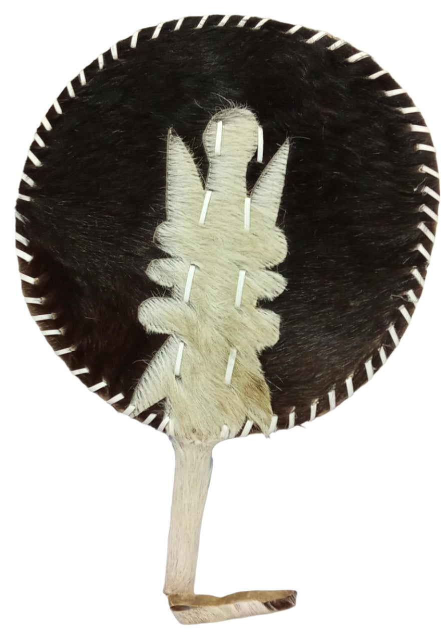 Traditional Chieftaincy Hand Fan Round shape With Animal Hairs, Black and White | BST4a