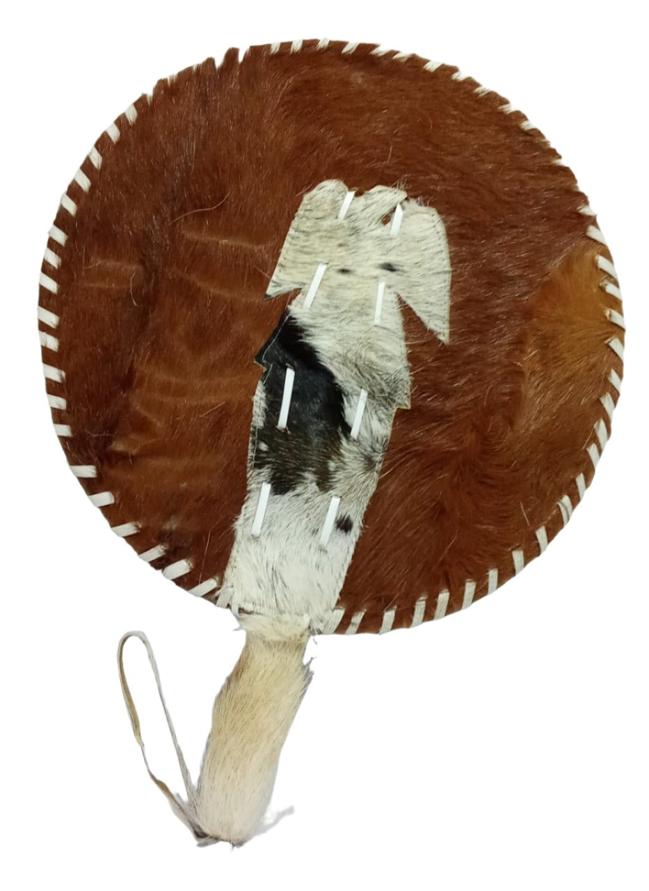 Traditional Chieftaincy Hand Fan Round shape With Animal Hairs, Brown and White | BST4b