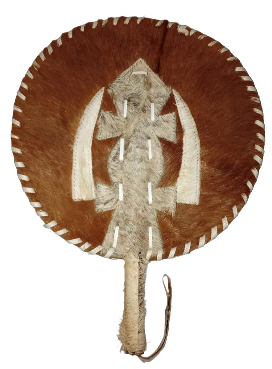 Traditional Chieftaincy Hand Fan Round shape With Animal Hairs, Brown and Ash | BST5b