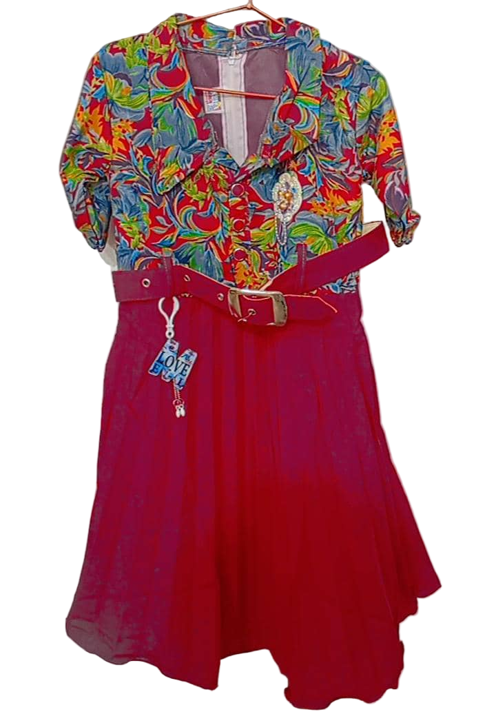 Elegant Girls Dress With Belt , Wine Red | NBA10b