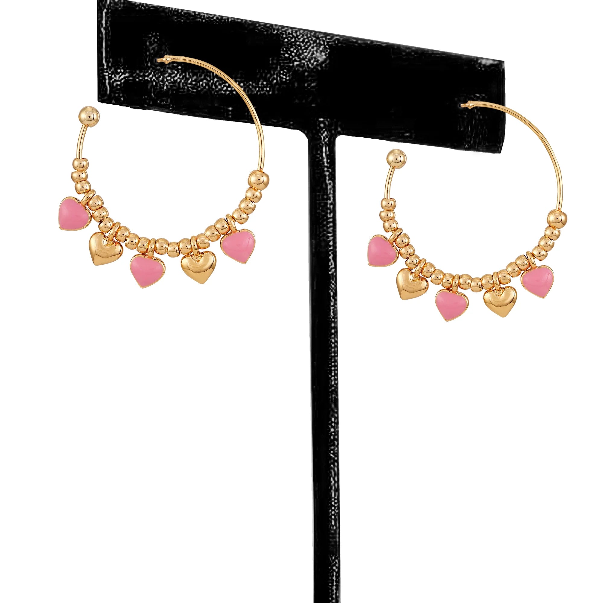 Time and Tru Women's Goldtone Hoops with Polished and Pink Heart Charm Drops  |   WTWL1096XA