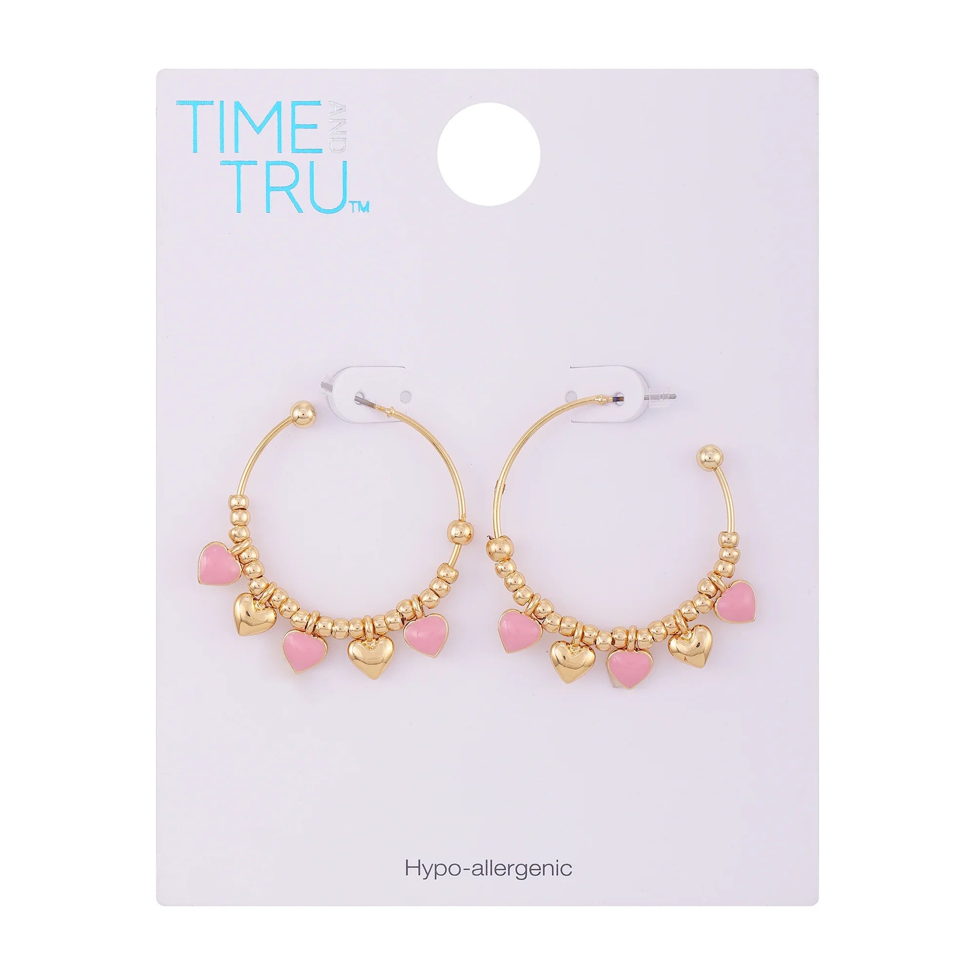 Time and Tru Women's Goldtone Hoops with Polished and Pink Heart Charm Drops  |   WTWL1096XA