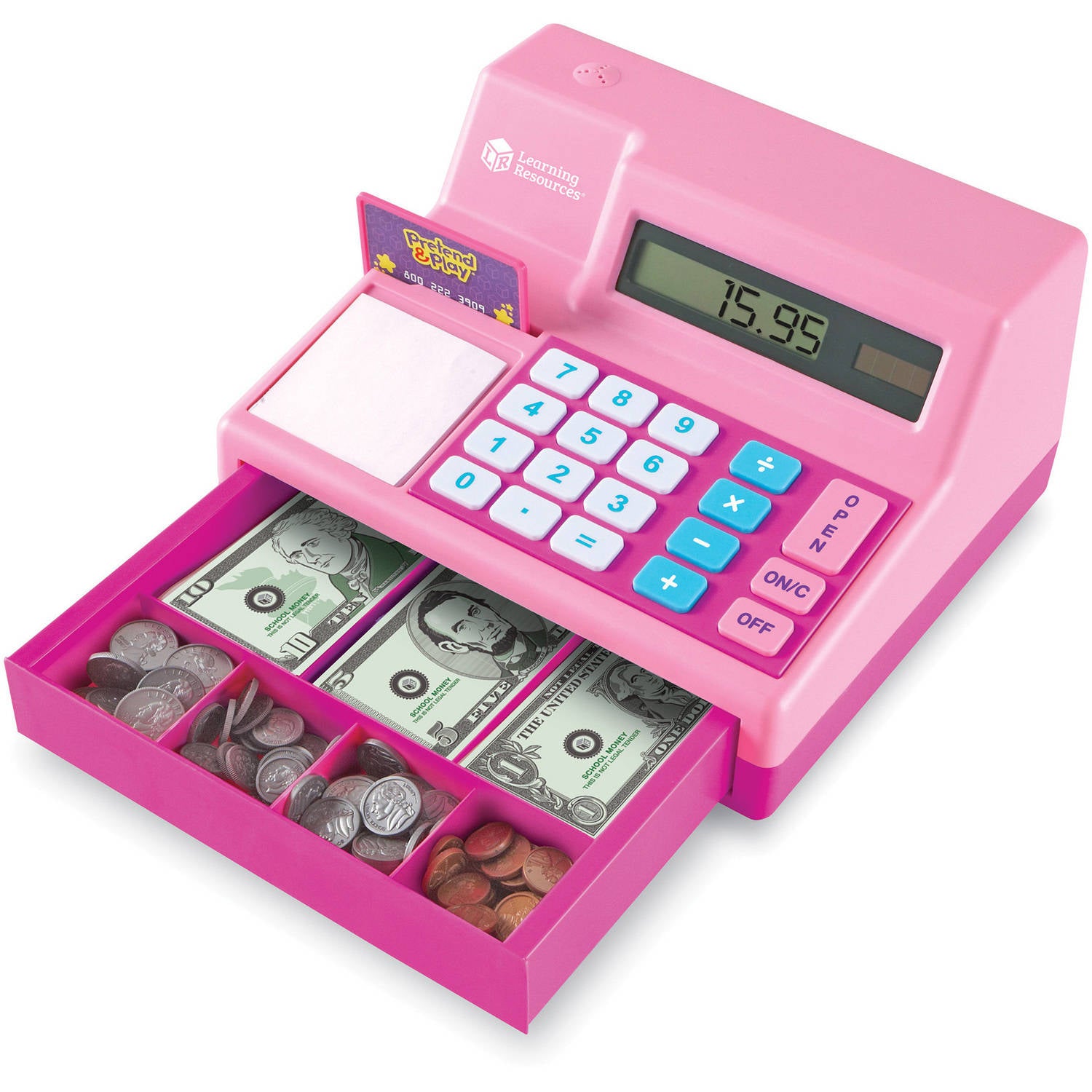 Learning Resources Pretend & Play Cash Register Toy with Calculator, Play Money, 73 Pieces, Pink, Preschool Shopping Set for Kids Boys Girls Ages 3-5+ | MTTS186
