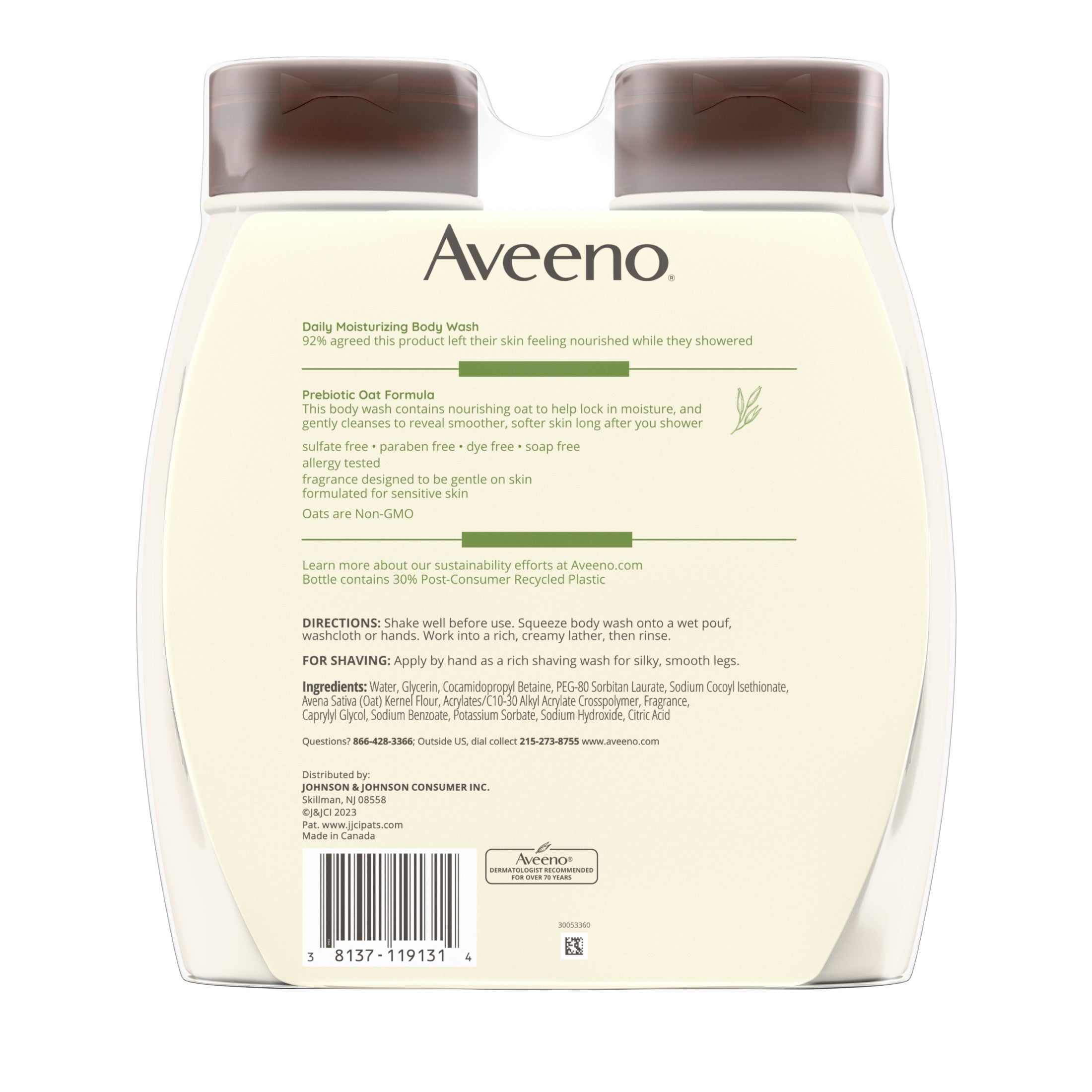 Aveeno Daily Moisturizing Oat Body Wash for Dry Skin, 18 fl. oz x 2 | MTTS355