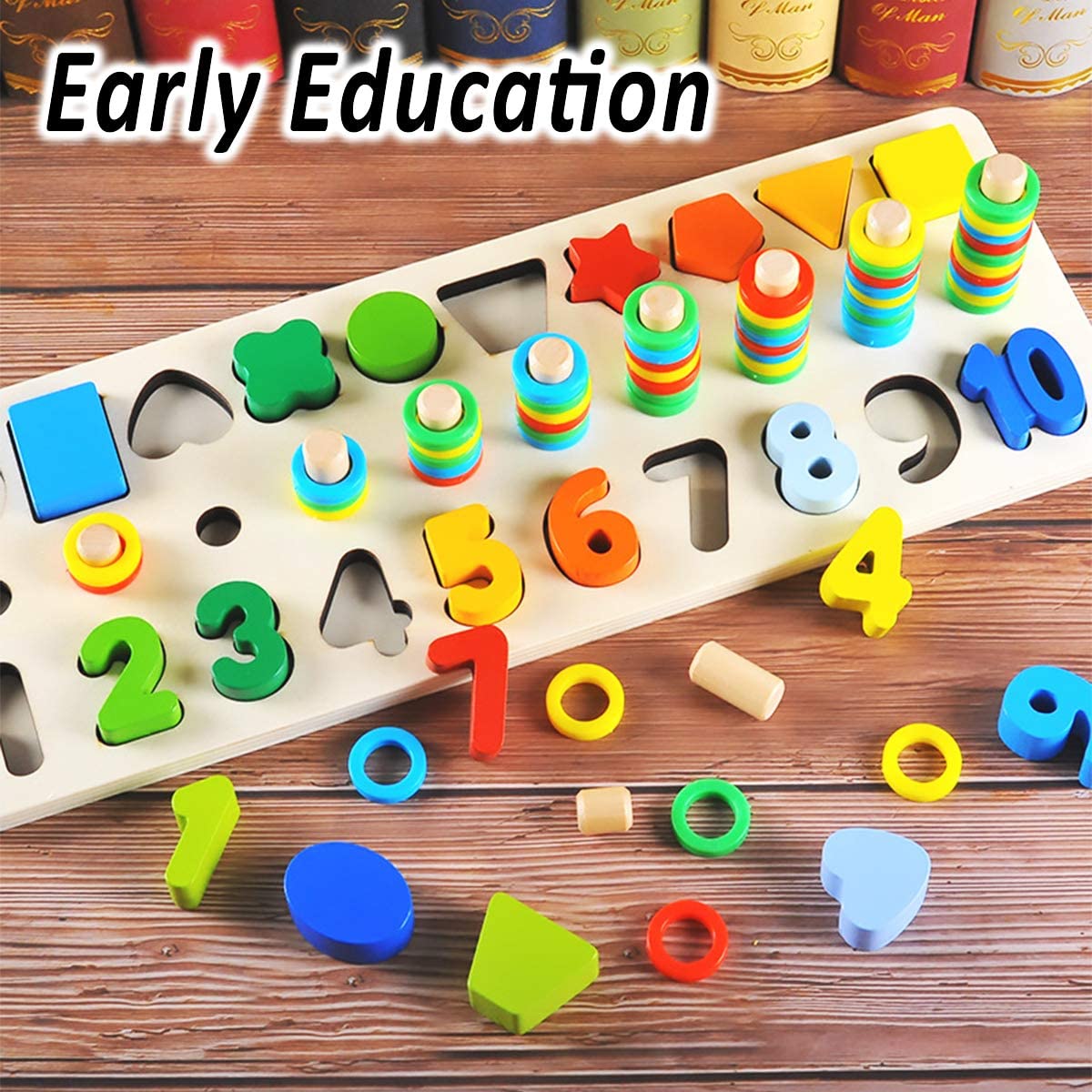 Educational Montessori Toys for Toddlers - Wooden Puzzles Blocks Number Stacking Best Preschool Learning Activities Shape sorter Math Game Baby Kids Girls Boys Ages 3 4 5 Years Old | MTTS158