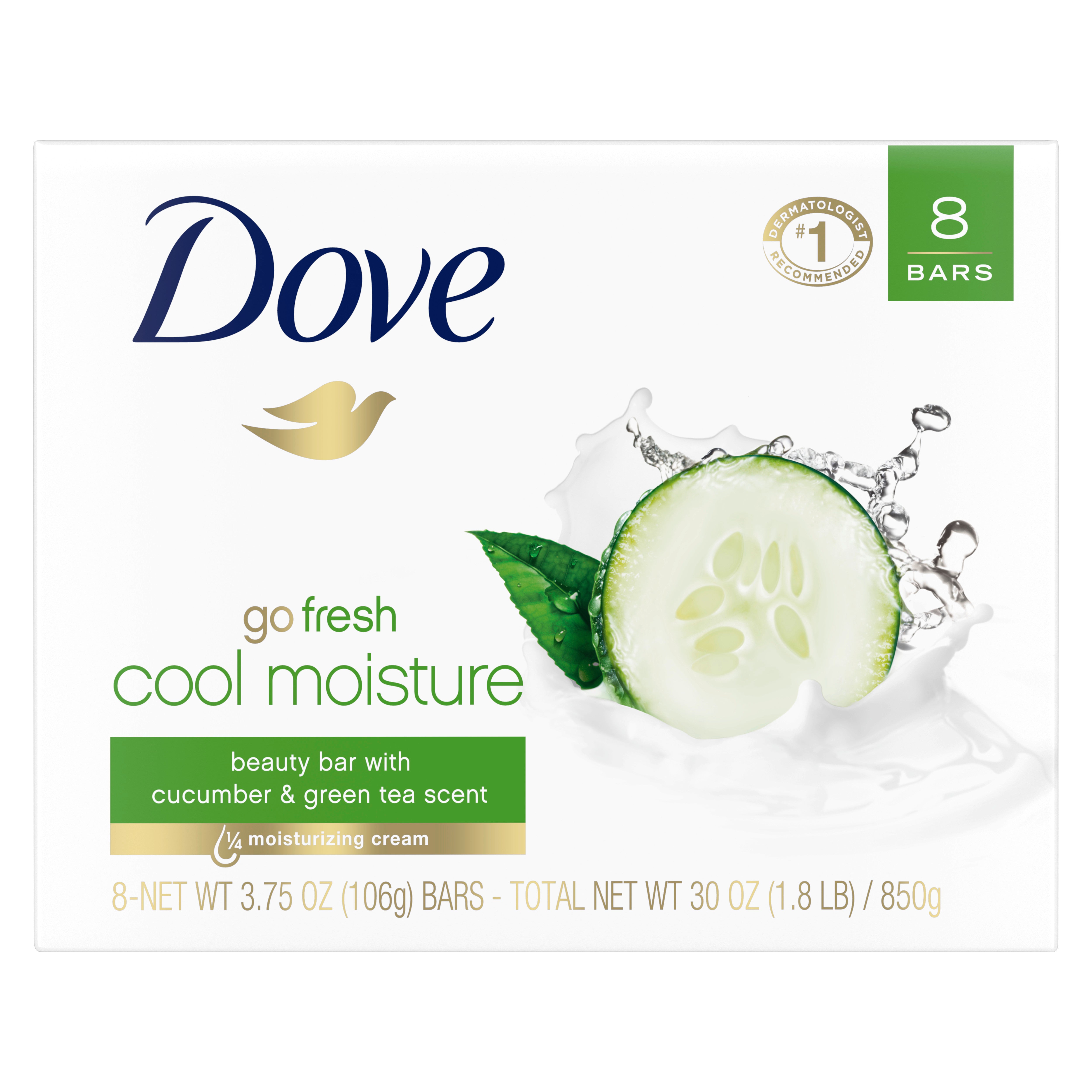 Dove Cool Moisturizing Gentle Women's Beauty Bar Soap, Cucumber and Green Tea, 3.75 oz (8 Bars) | MTTS464