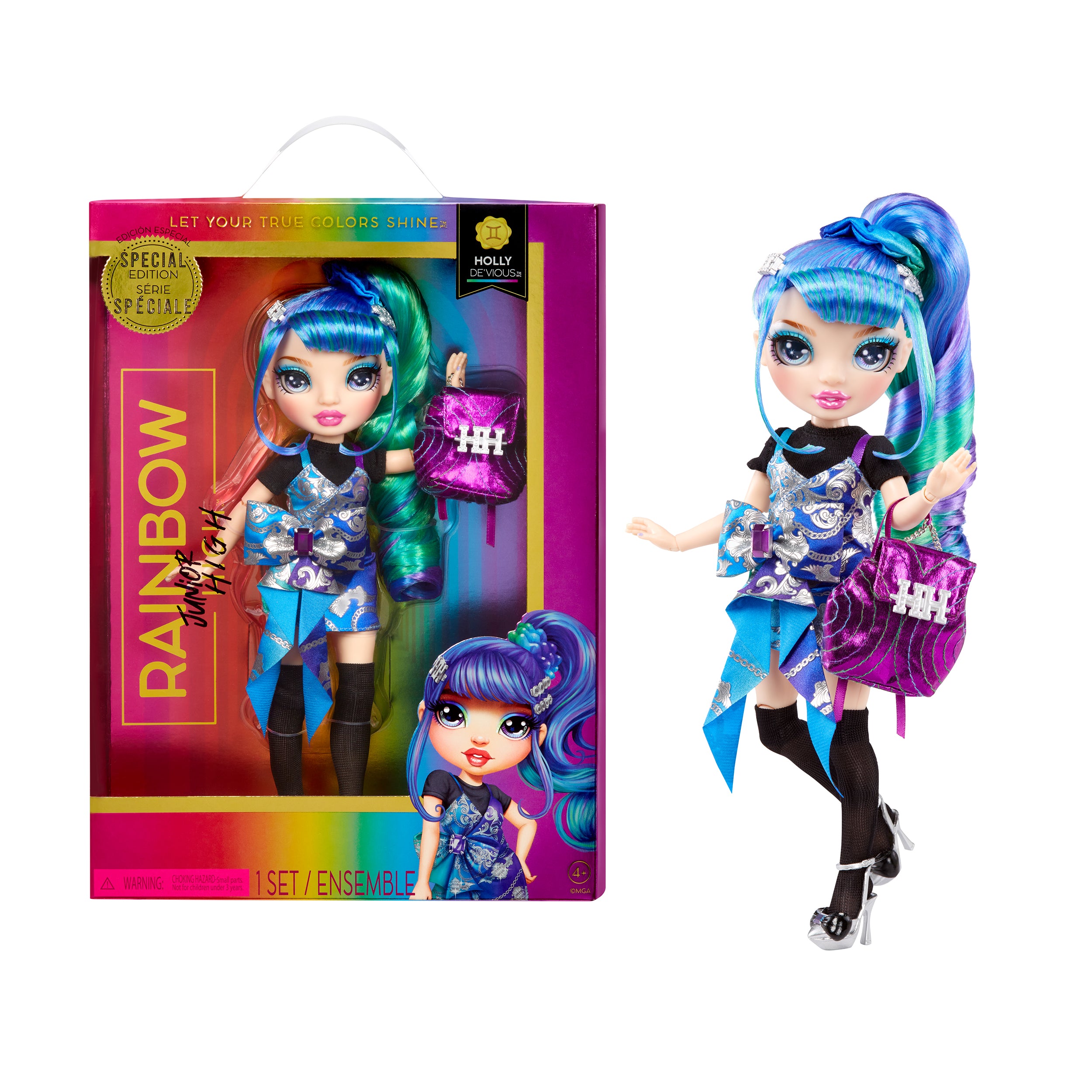 Rainbow Junior High Special Edition Holly De’Vious - 9" Blue and Green Posable Fashion Doll w/ Accessories and Open/Close Soft Backpack. Great Toy Kids Gift Ages 4-12 | MTTS143
