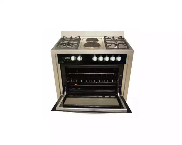 Scanfrost 4-Burner Gas Cooker with Gas Oven, Grill, 2 Electric Plate, and Full Auto Ignition, 90x60cm – SFC9423SS for Homes, Hotels, and Restaurants | TCHG57a