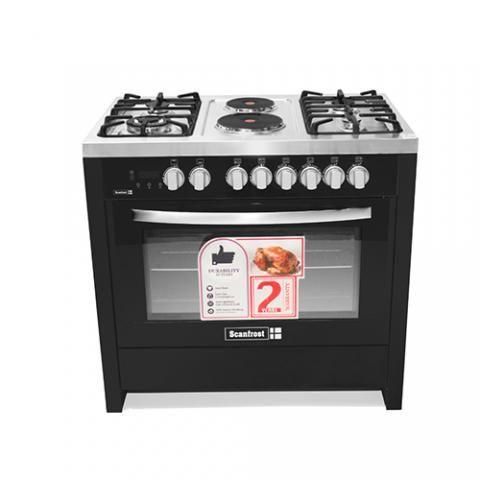 Scanfrost 4-Burner Gas Cooker with Gas Oven, Grill, 2 Electric Plate, and Full Auto Ignition, Matte Black 90x60cm – SFC9423B for Homes, Hotels, and Restaurants | TCHG58a