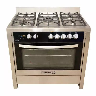 Scanfrost 5-Burner Gas Cooker with Gas Oven, Grill,1 Wok, and Full Auto Ignition, Inox Finish 90x60cm –  for Homes, Hotels, and Restaurants | TCHG68a