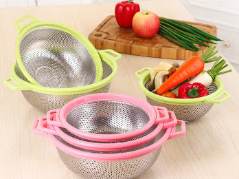 3pcs Stainless Steel Round Mesh Strainer with Plastic Rim and Handle for Homes, Hotels and Restaurants | TCHG214a