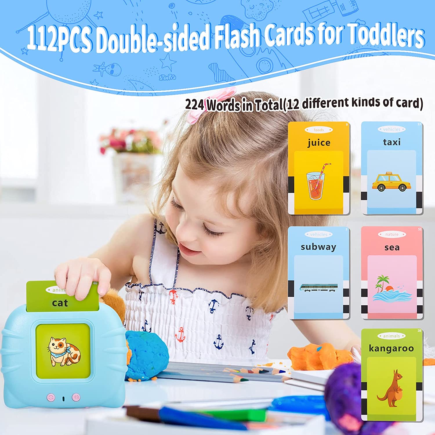 Wintekd Talking Flash Cards Learning Toys for 2 3 4 5 6 Years Old Boys Girls - Educational Toddlers Toys Reading Machine with 224 Words, Preschool Montessori Toys and Birthday Gift for Kids Ages 2-7 | MTTS159