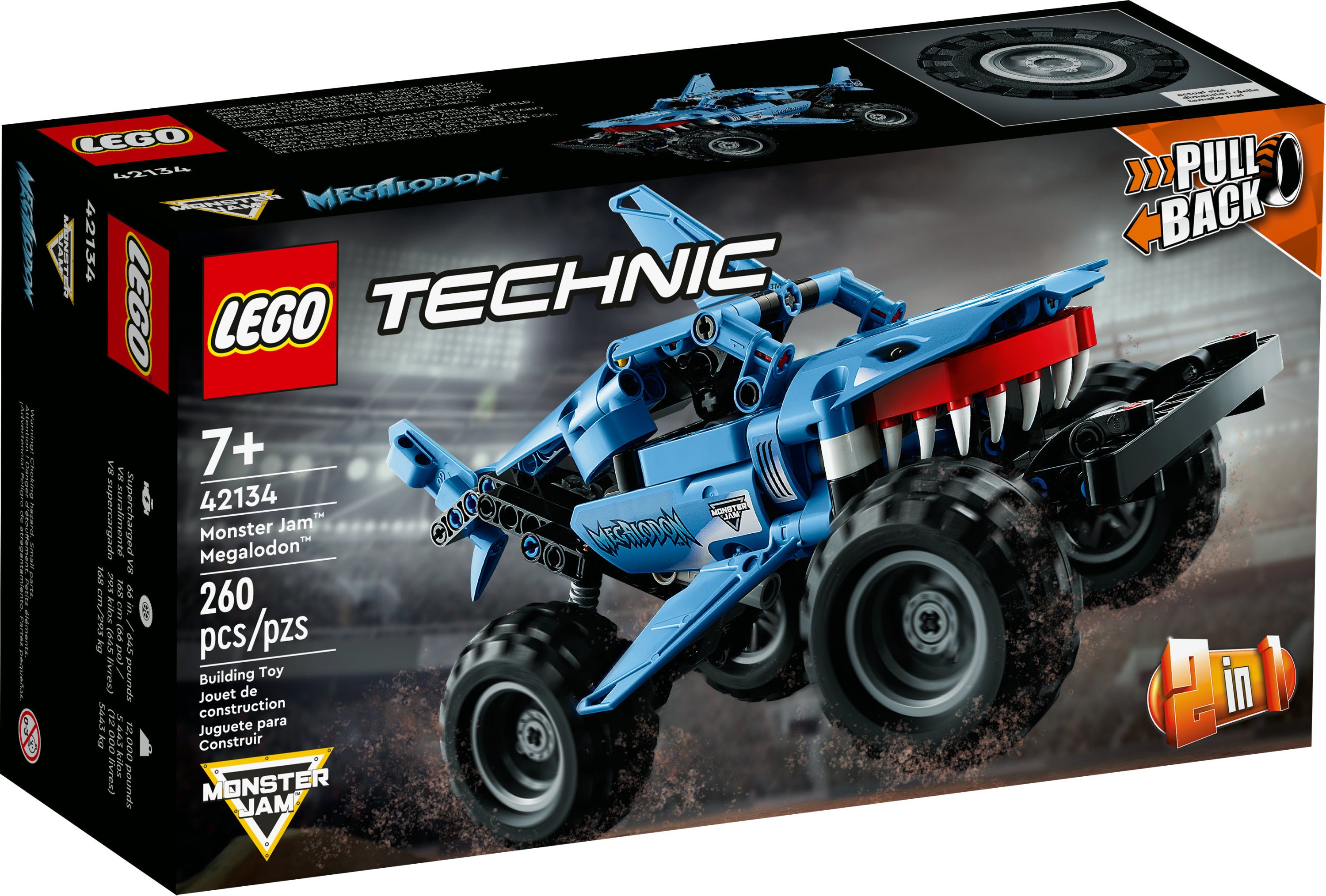 LEGO Technic Monster Jam Megalodon 42134 2 in 1 Pull Back Shark Truck to Lusca Low Racer Car Toy, 2022 Series, Set for Kids, Boys and Girls 7 Plus Years Old | MTTS189