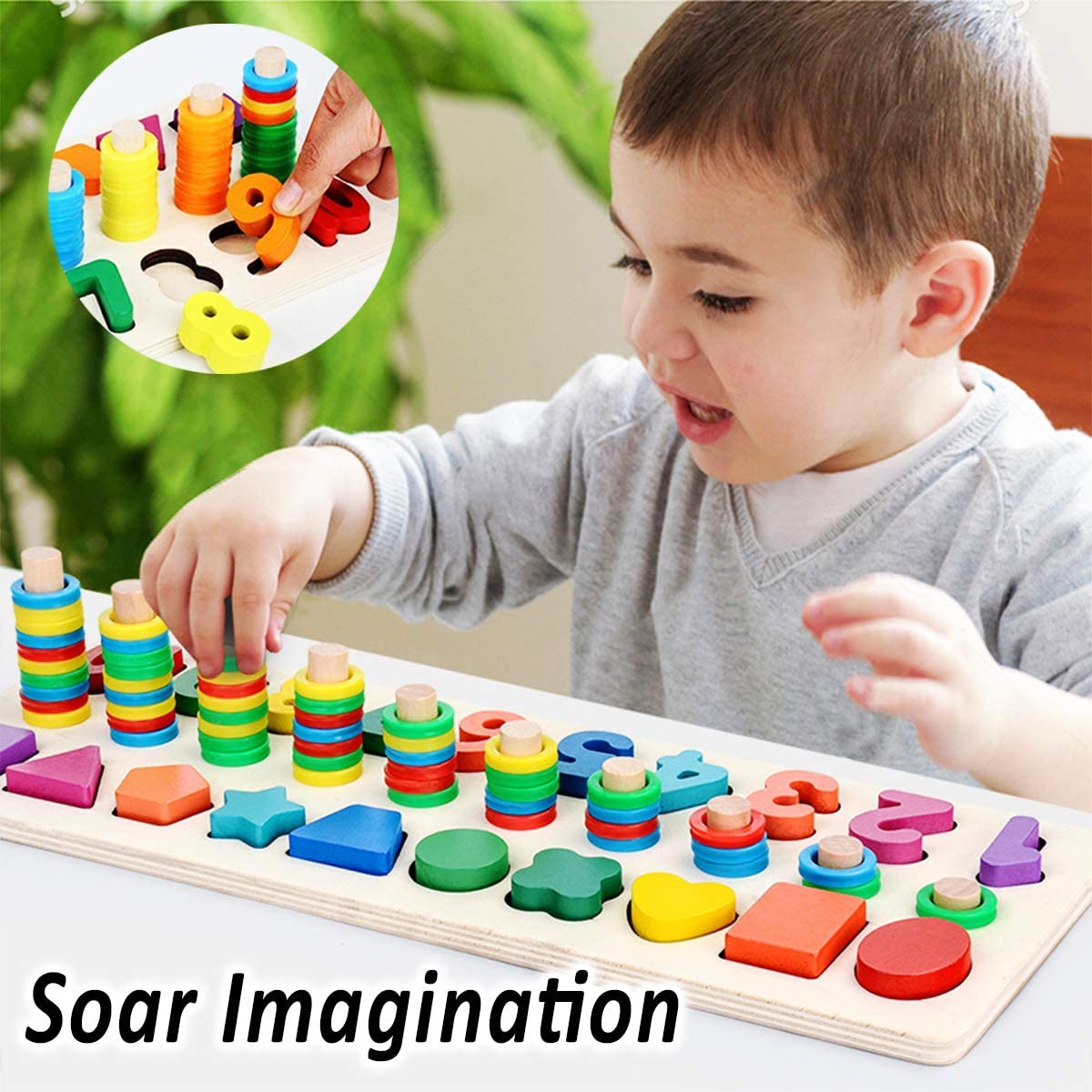 Educational Montessori Toys for Toddlers - Wooden Puzzles Blocks Number Stacking Best Preschool Learning Activities Shape sorter Math Game Baby Kids Girls Boys Ages 3 4 5 Years Old | MTTS158