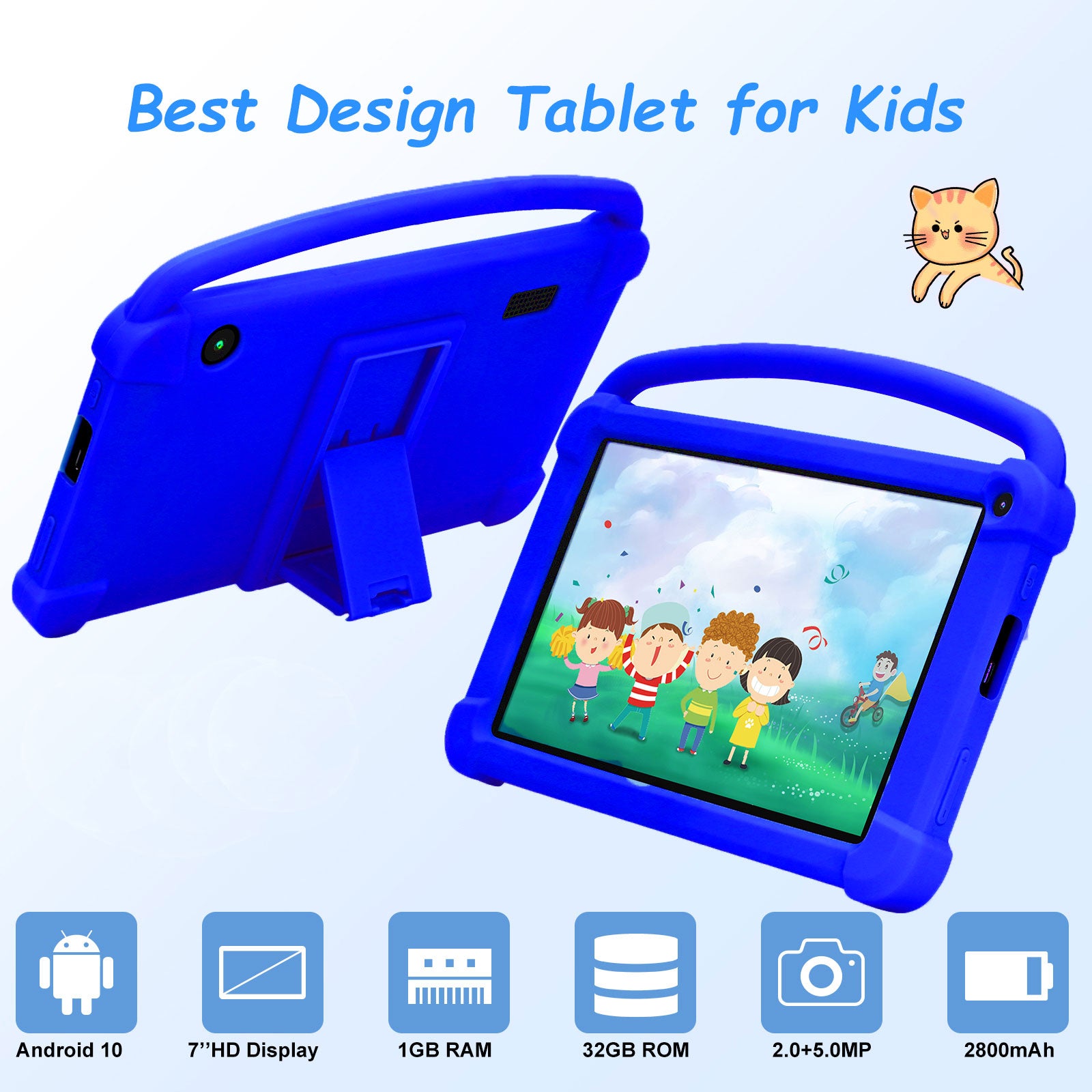 Kids Tablet 7 inch, Android Tablet for Kids, 16GB ROM, Support 128GB Expand, with Parental Control, Google Certified Toddler Tablet, WiFi, Bluetooth, Dual Camera Tablet with Silicone Case, Blue | MTTS165