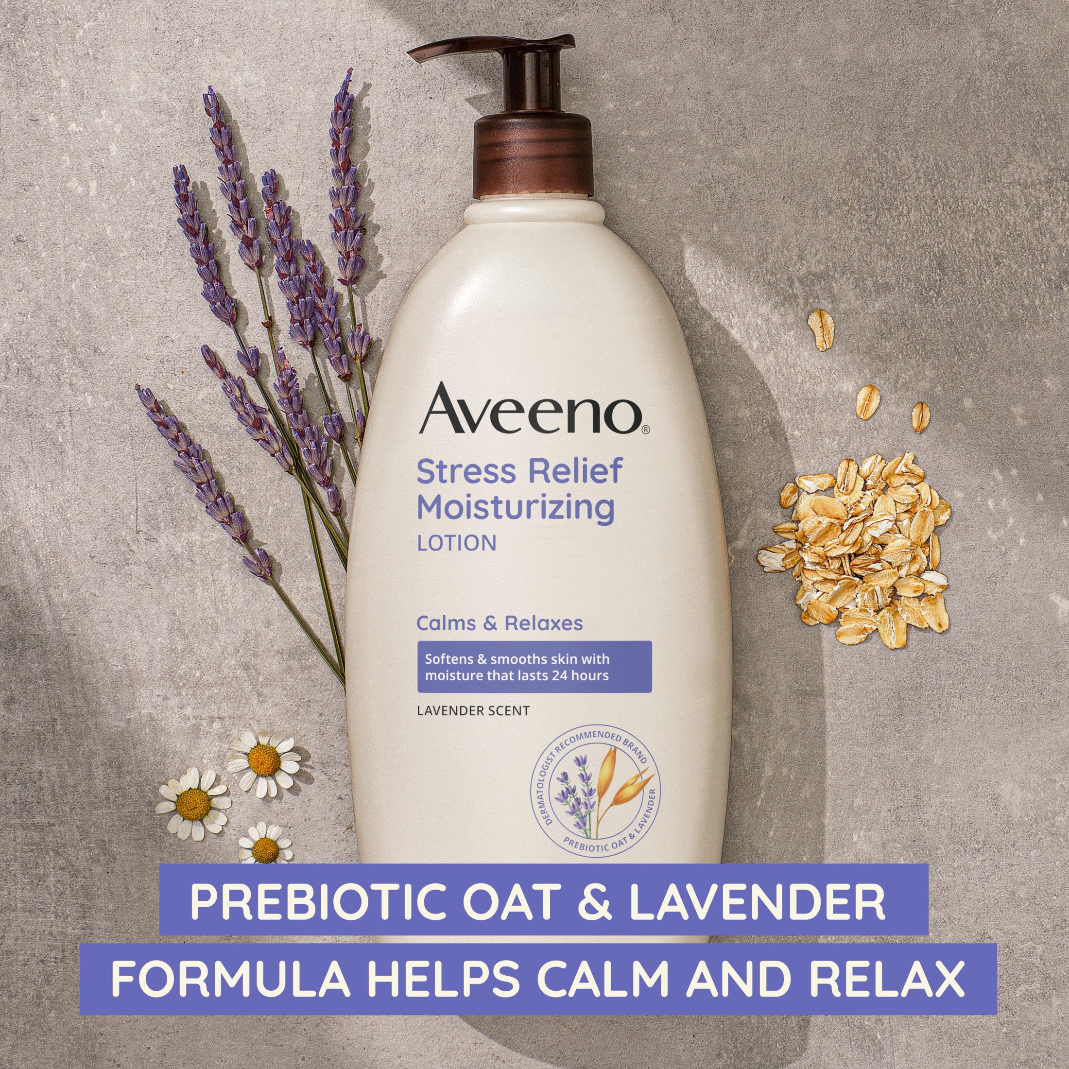 Aveeno Stress Relief Moisturizing Body and Hand Lotion with Prebiotic Oat, Lavender Scent, 18 oz | MTTS341