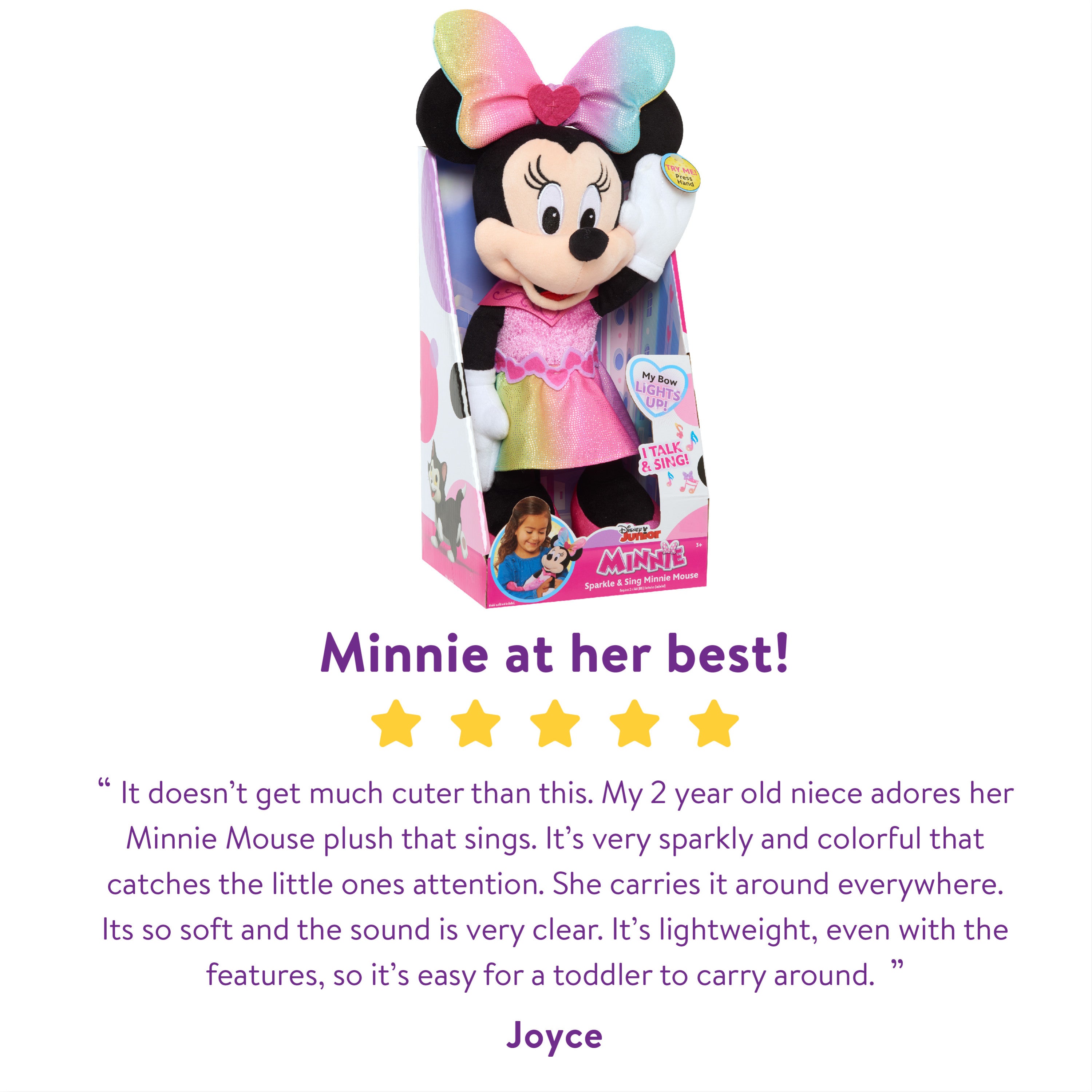 Disney Junior Minnie Mouse Sparkle and Sing Minnie Mouse, 13 Inch Feature Plush with Lights and Sounds, Kids Toys for Ages 3 up | MTTS138