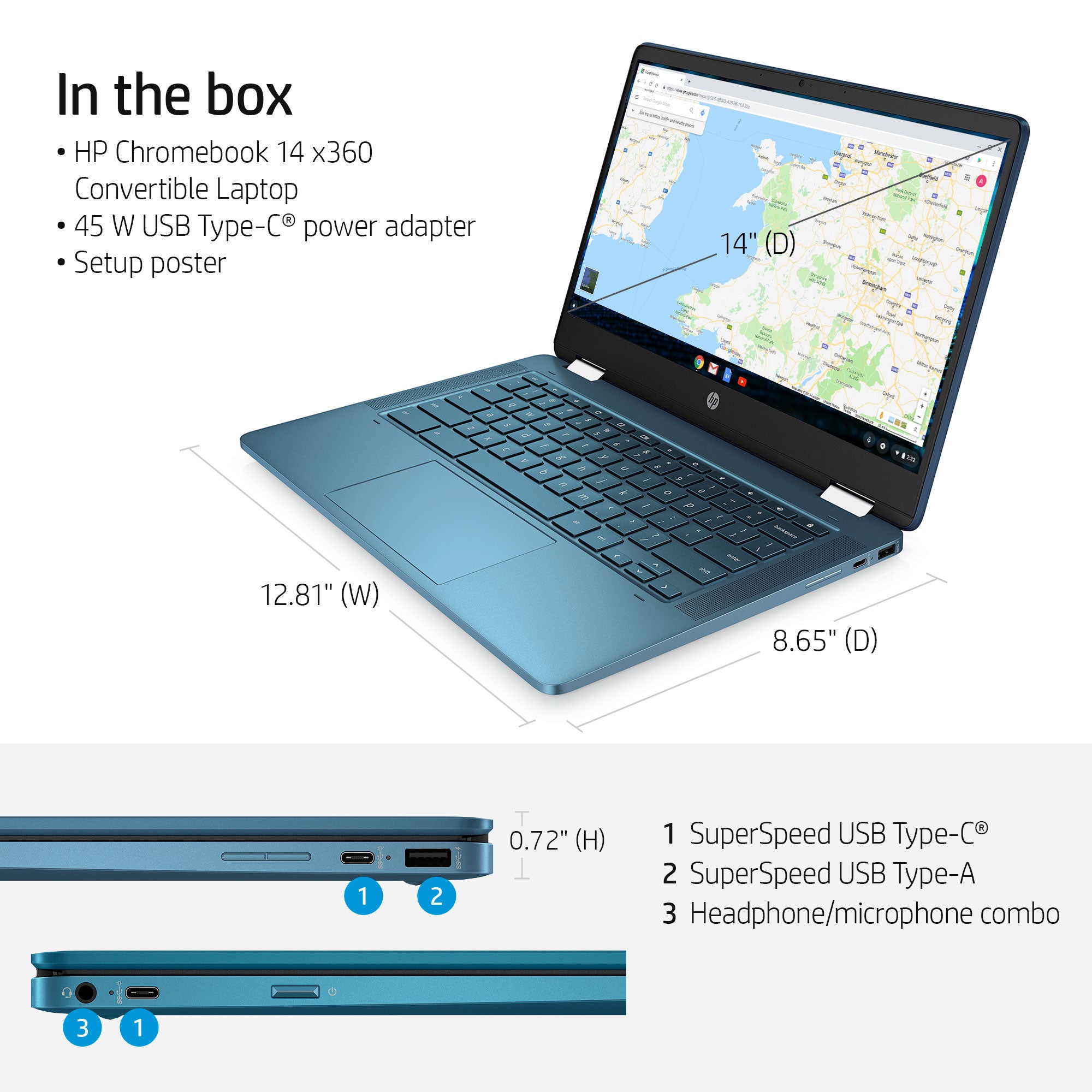 HP Chromebook X360 14" HD Touchscreen 2-in-1, Intel Celeron N4000, 4GB RAM, 64GB eMMC, Teal, 14a-ca0130wm | MTTS24